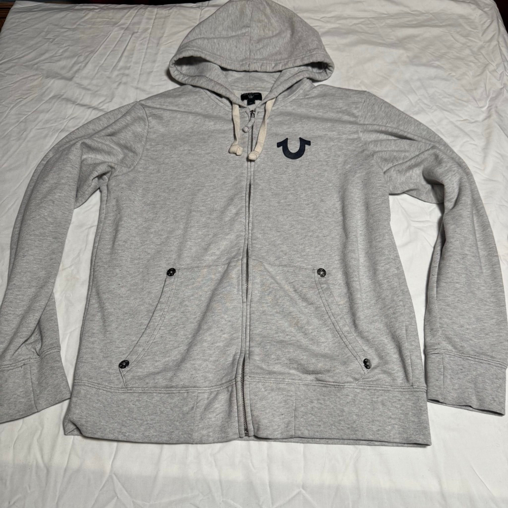 Men's True Religion Gray Full-Zip Hoodie L with Navy Blue Logo #86